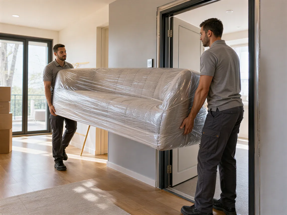 Zwei Möbelpacker tragen ein sorgfältig eingepacktes Sofa durch eine helle, moderne Wohnungstür.