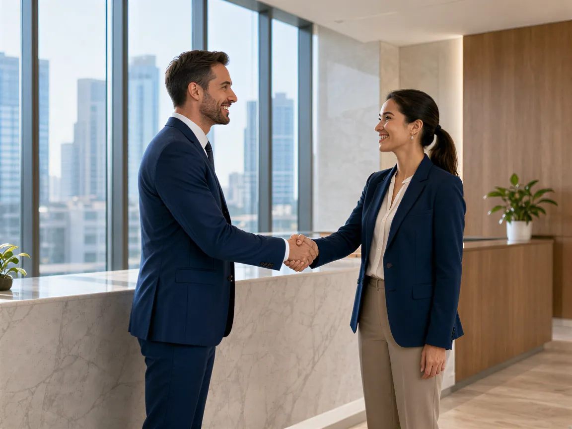 Ein Mann und eine Frau in Businesskleidung schütteln sich lächelnd die Hände in einer modernen Bürolobby mit großen Fenstern.