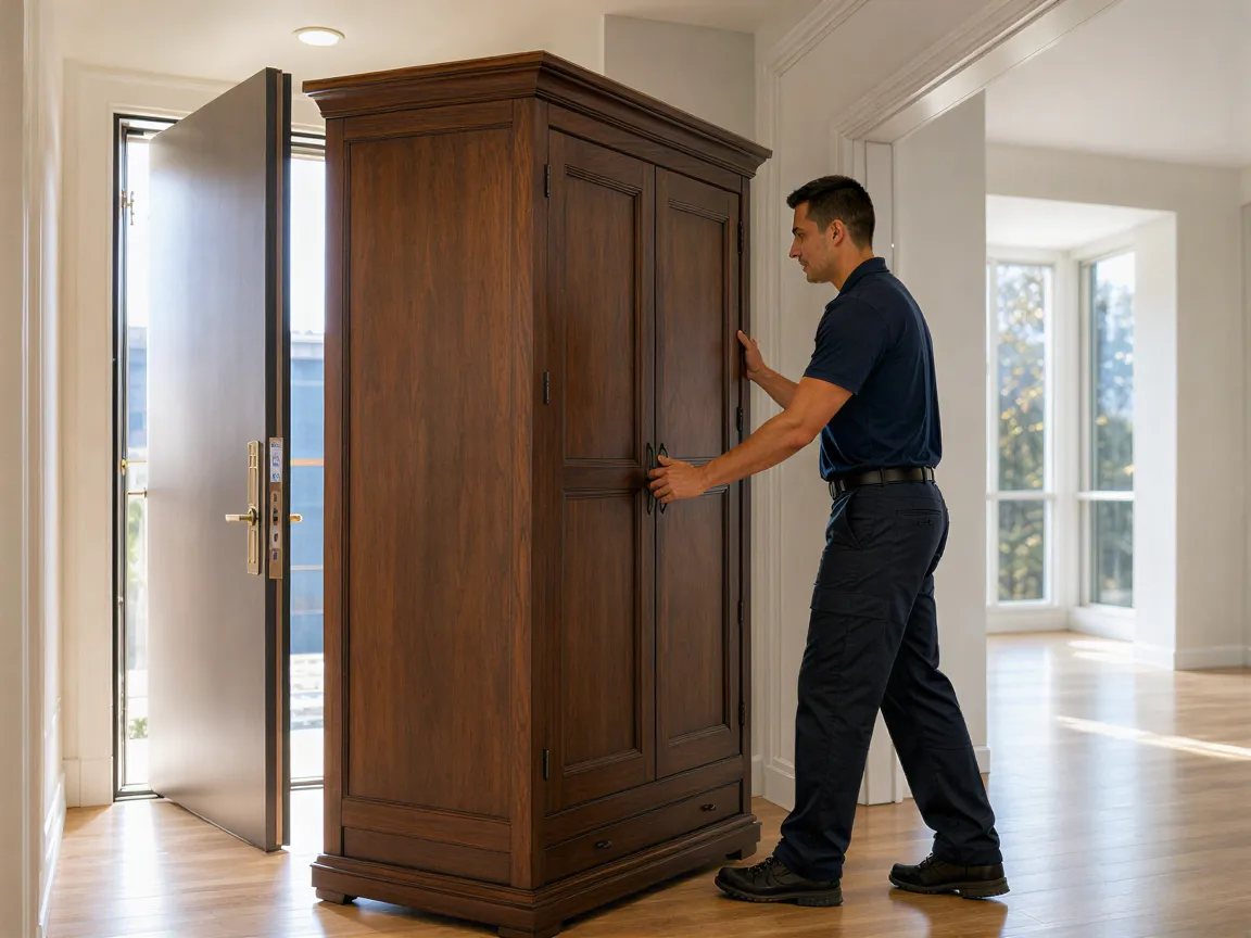 Ein professioneller Möbelpacker schiebt einen großen Holzschrank durch eine helle Tür in einen leeren Flur.