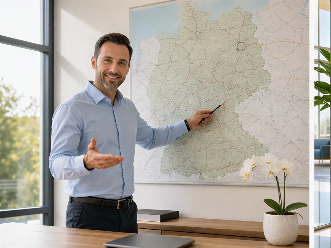 Ein Logistikmanager zeigt auf eine Deutschlandkarte und erklärt einem Kunden eine Transportroute in einem modernen Büro.