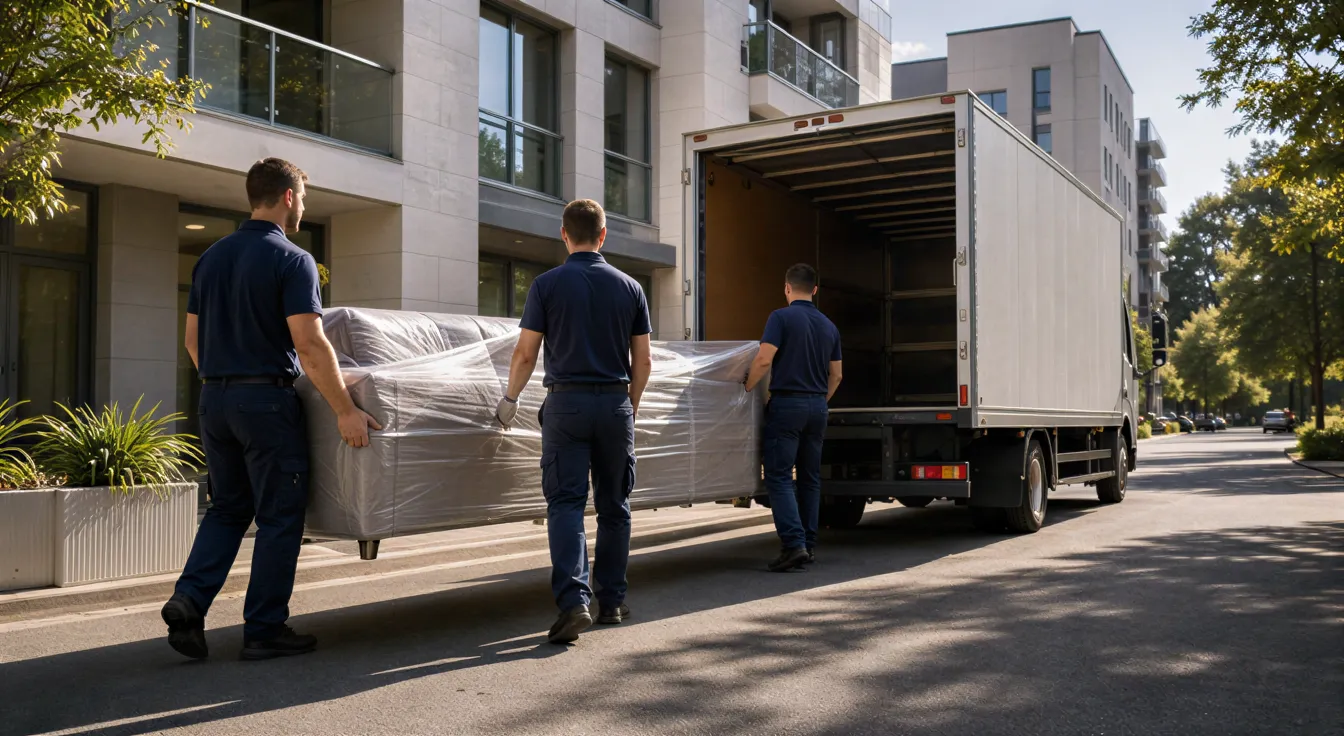 Ein Umzugsteam trägt ein großes, eingepacktes Sofa aus einem modernen Wohngebäude zu einem Umzugswagen.
