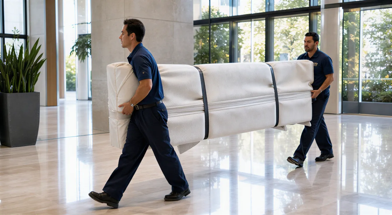 Zwei Umzugshelfer tragen ein sorgfältig verpacktes Sofa durch die helle Lobby eines modernen Bürogebäudes.