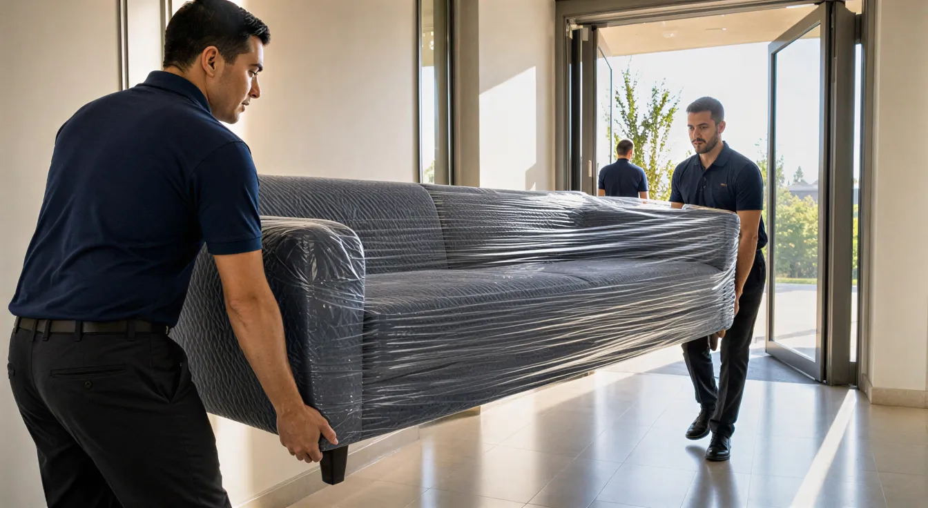 Ein Umzugsteam in blauen Uniformen trägt ein großes, eingepacktes Sofa durch einen hellen Flur.
