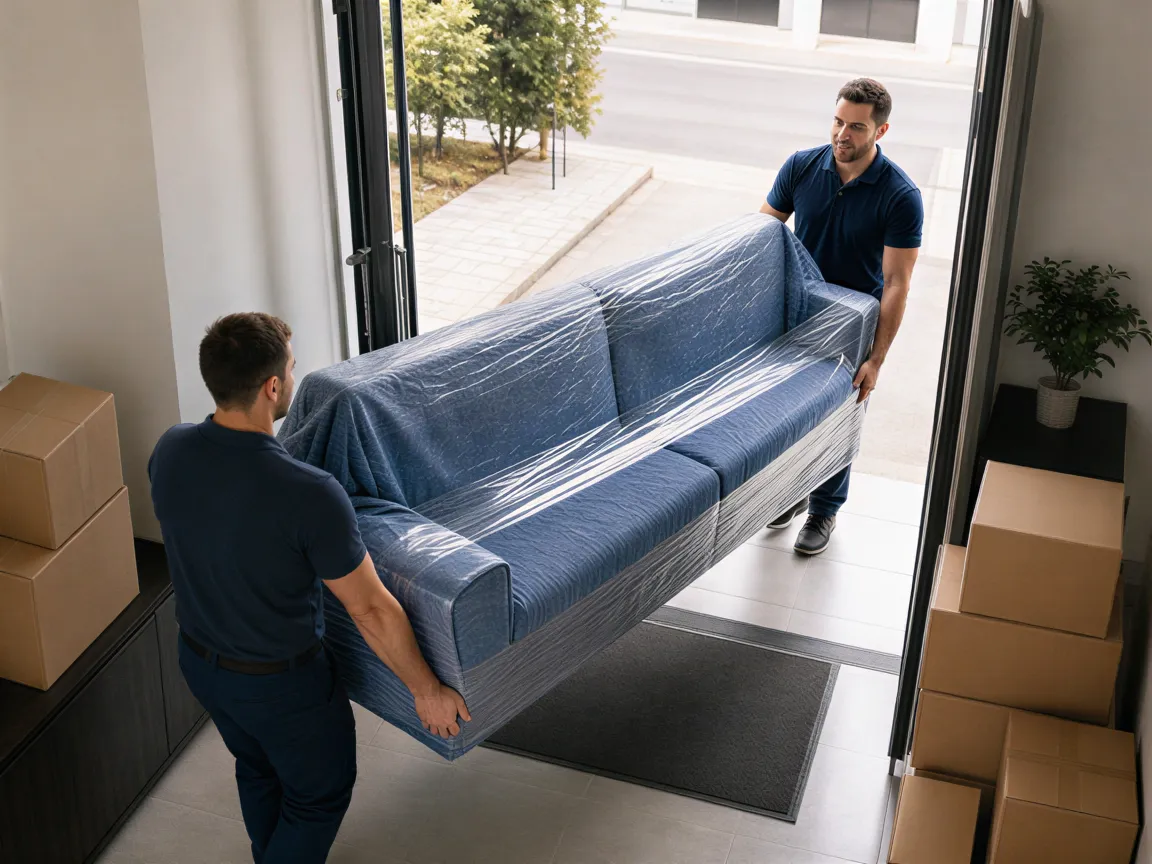 Zwei Umzugshelfer tragen ein eingepacktes Sofa durch die Tür eines modernen Wohnhauses.