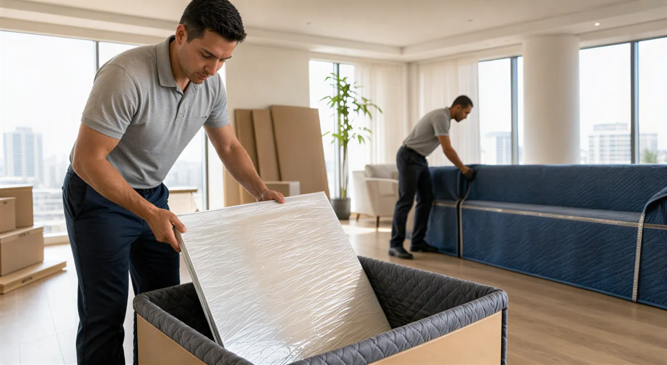 Ein Umzugsteam verpackt sorgfältig Kunst und Möbel in einer hellen, modernen Wohnung.