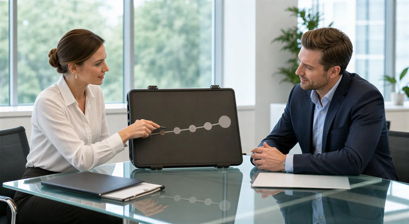 Eine Frau und ein Mann besprechen ein Projekt an einem gläsernen Konferenztisch in einem modernen Büro.