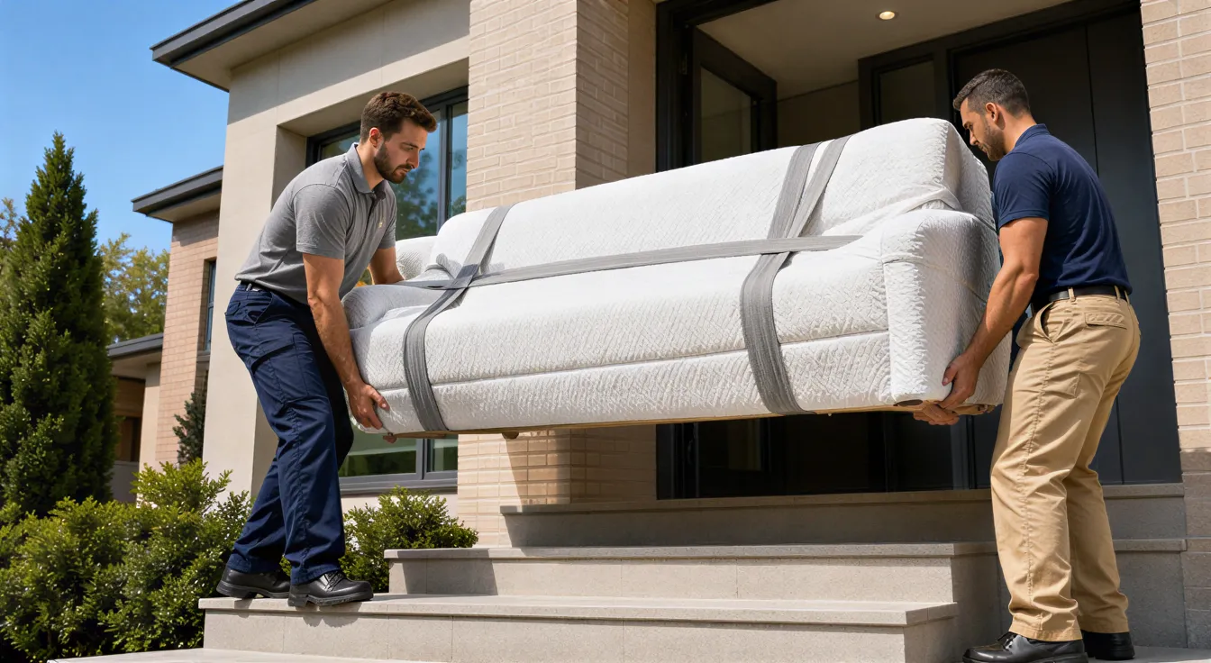 Zwei Umzugshelfer tragen sorgfältig ein in Decken gehülltes Sofa eine Außentreppe hinunter.