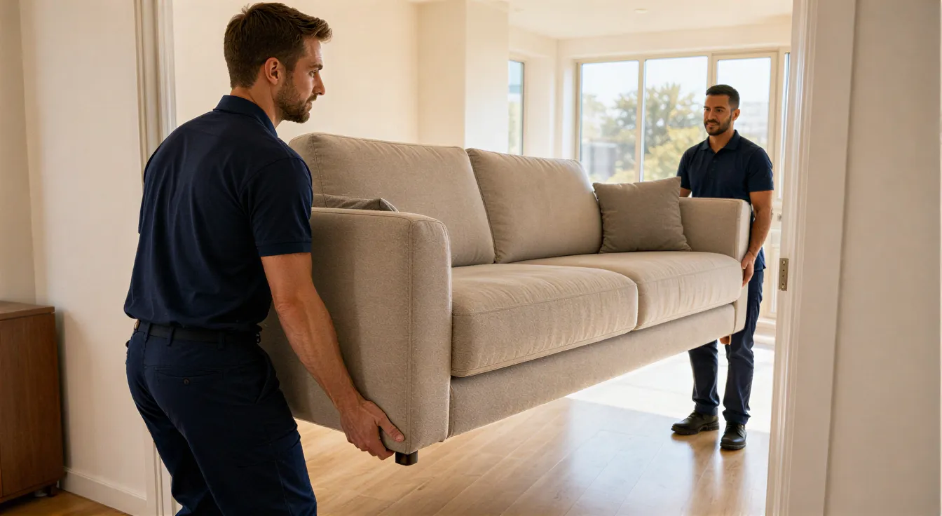 Zwei Umzugshelfer in blauer Arbeitskleidung tragen vorsichtig ein großes Sofa durch eine Tür.