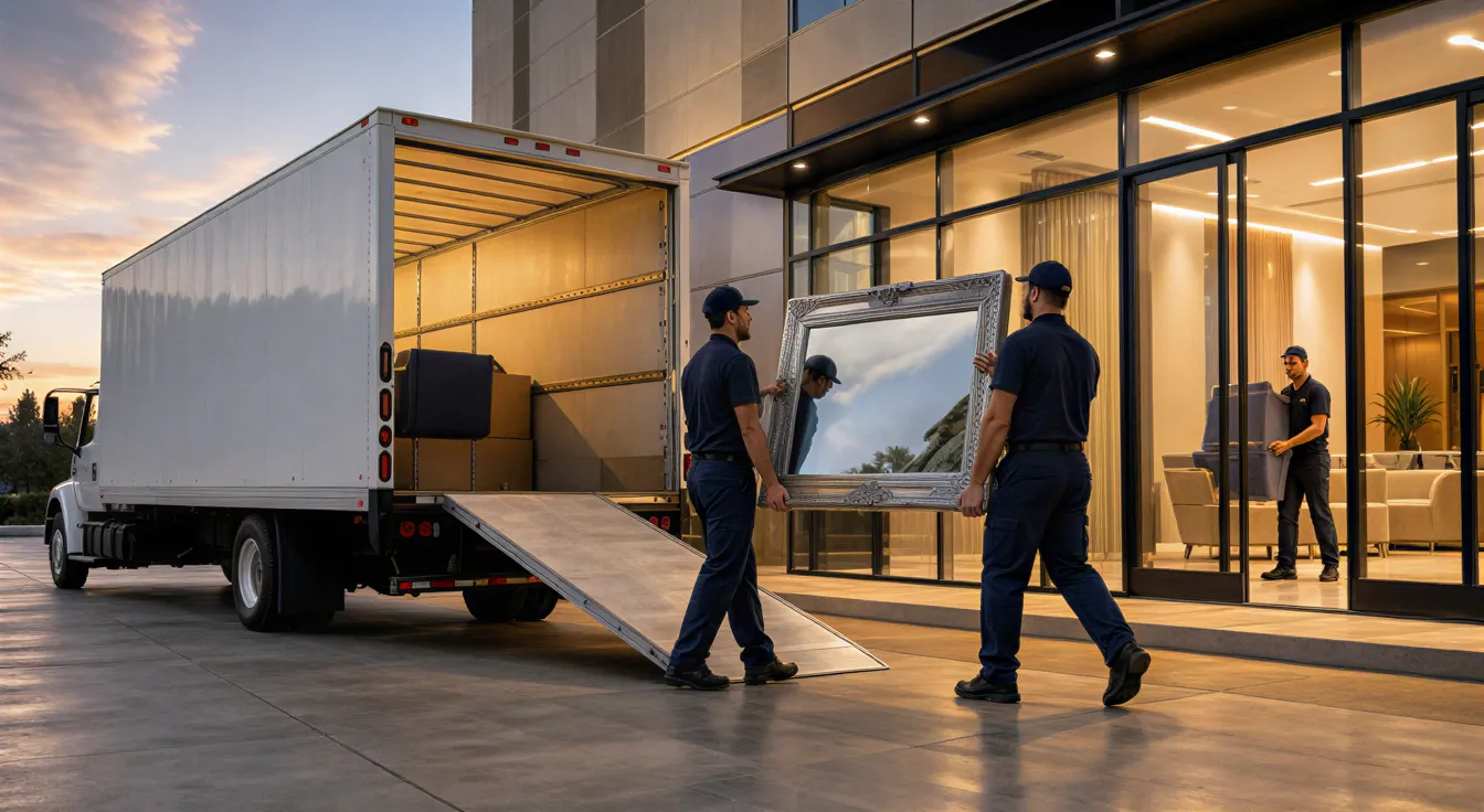 Zwei Umzugshelfer tragen ein eingepacktes Kunstwerk zu einem Transporter vor einem modernen Bürogebäude.