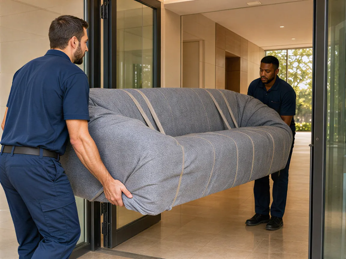 Zwei Umzugshelfer tragen ein sorgfältig verpacktes Sofa durch den Eingang eines modernen Wohngebäudes.