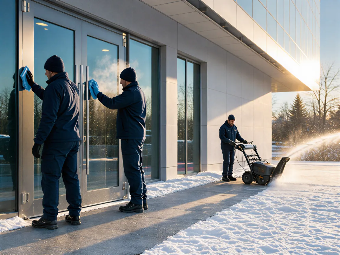 Zwei Reinigungskräfte polieren Glastüren, ein Kollege räumt Schnee vor einem modernen Bürogebäude bei Sonnenaufgang.