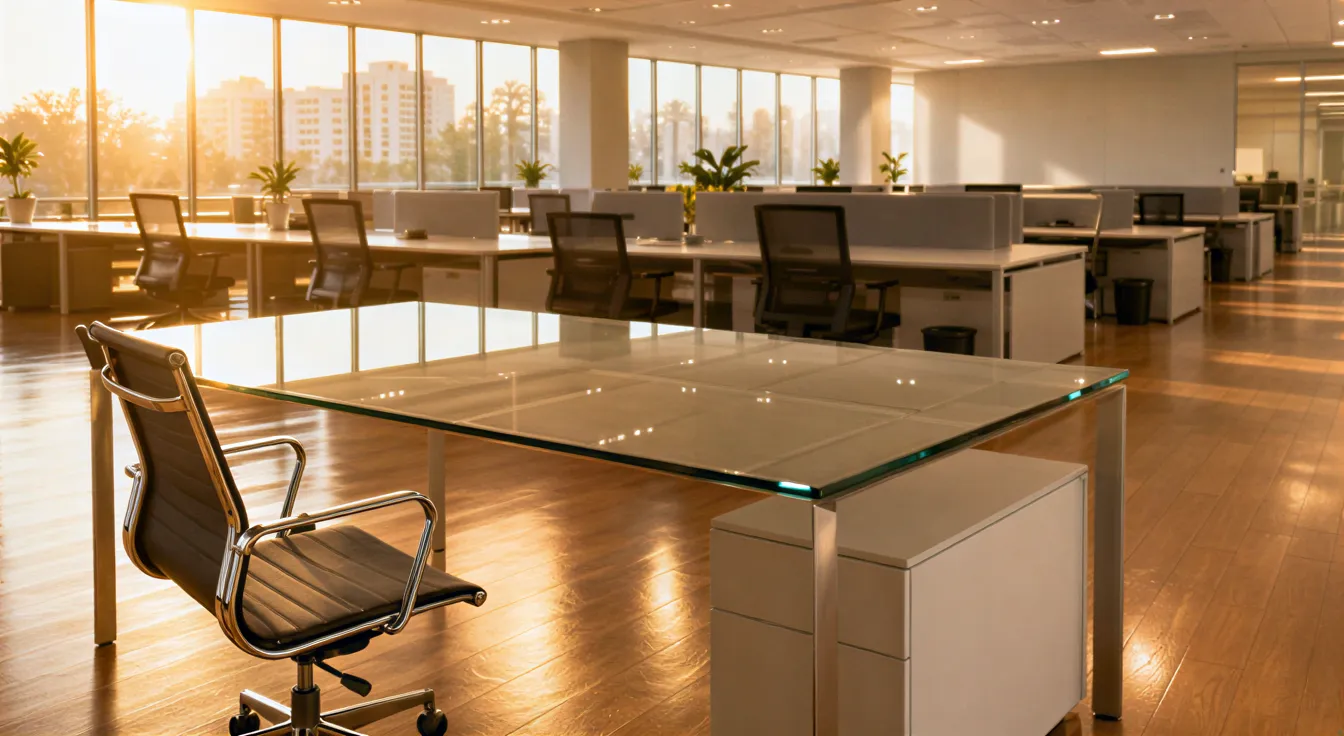 Ein leerer, moderner Schreibtisch in einem sauberen Büro mit Holzboden und Morgenlicht.