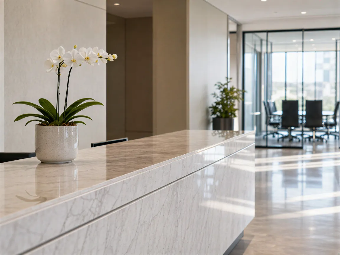 Ein leerer Empfangstisch mit polierter Marmorplatte und Orchidee in einem sauberen, modernen Büro.