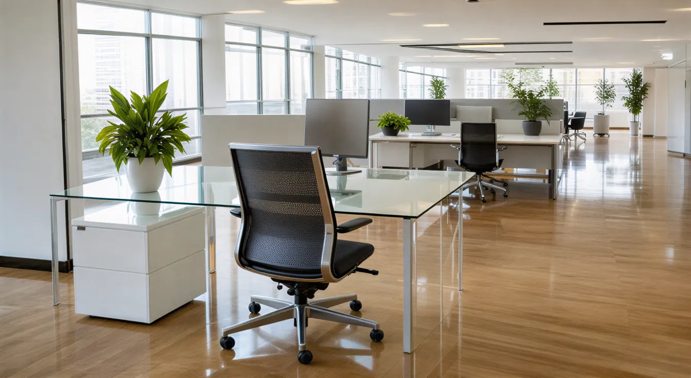 Ein sauberes, modernes Büro mit geordnetem Schreibtisch, ergonomischem Stuhl und Topfpflanze in sonnendurchflutetem Raum.