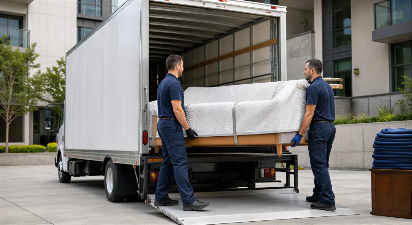 Ein Team von Umzugshelfern lädt sorgfältig ein großes Sofa in einen Umzugswagen auf einer modernen Einfahrt.