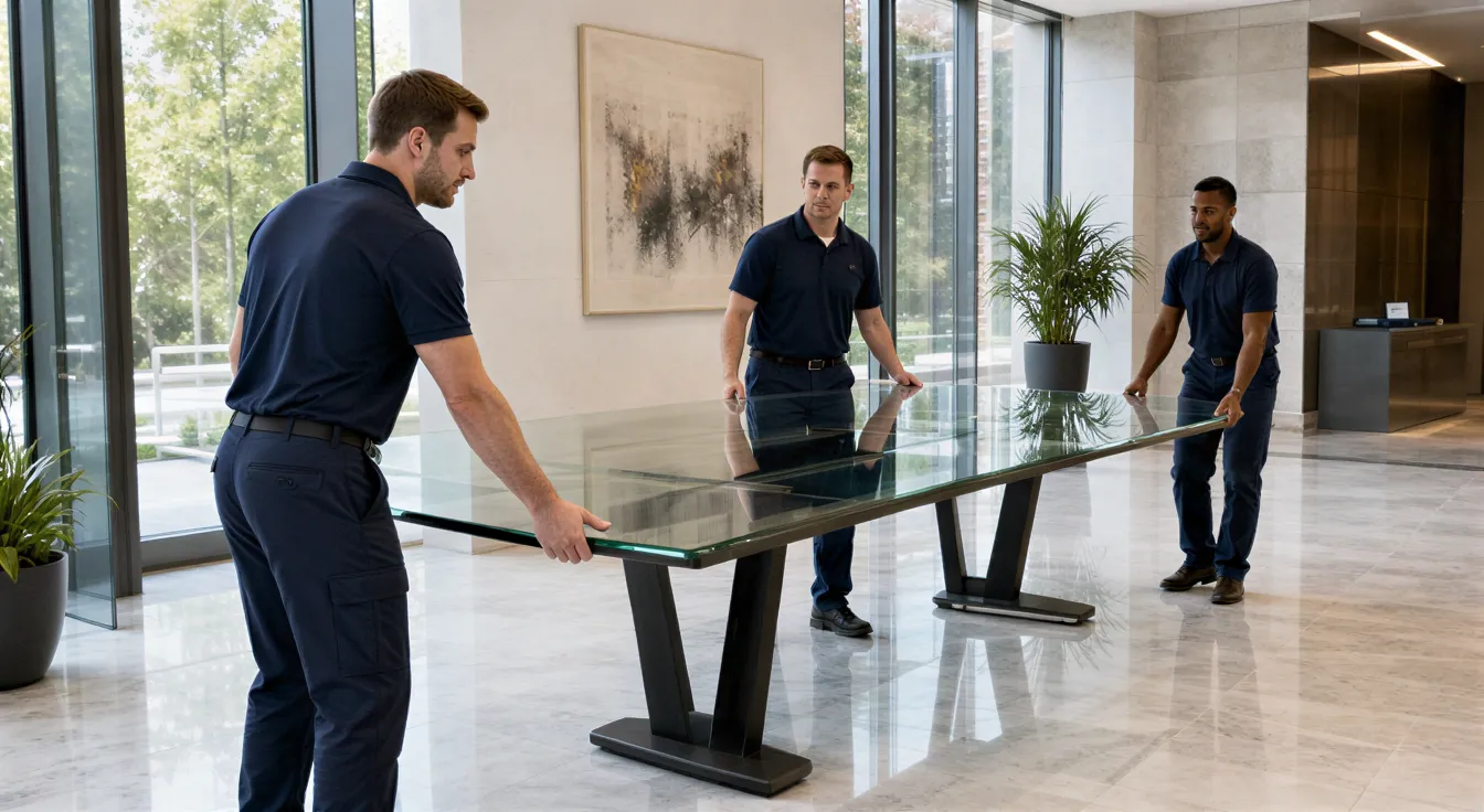 Drei professionelle Möbelpacker tragen einen großen Glastisch durch eine moderne Bürolobby.