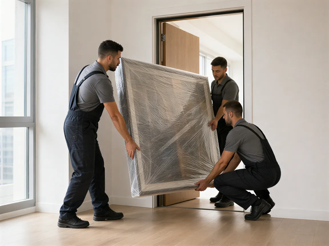 Drei Umzugshelfer transportieren ein großes, luftpolsterfolienverpacktes Kunstwerk durch eine Tür.