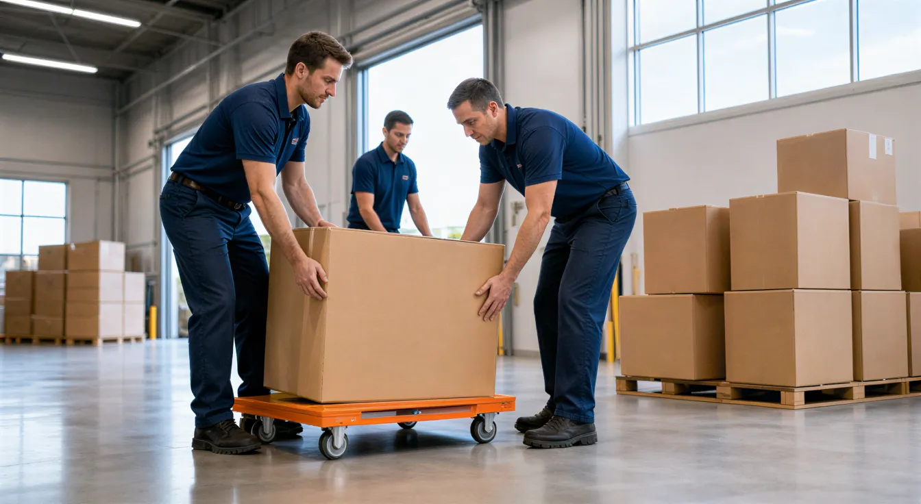 Ein professionelles Umzugsteam in blauen Polohemden bewegt eine große Kiste auf einen orangefarbenen Transportwagen in einem