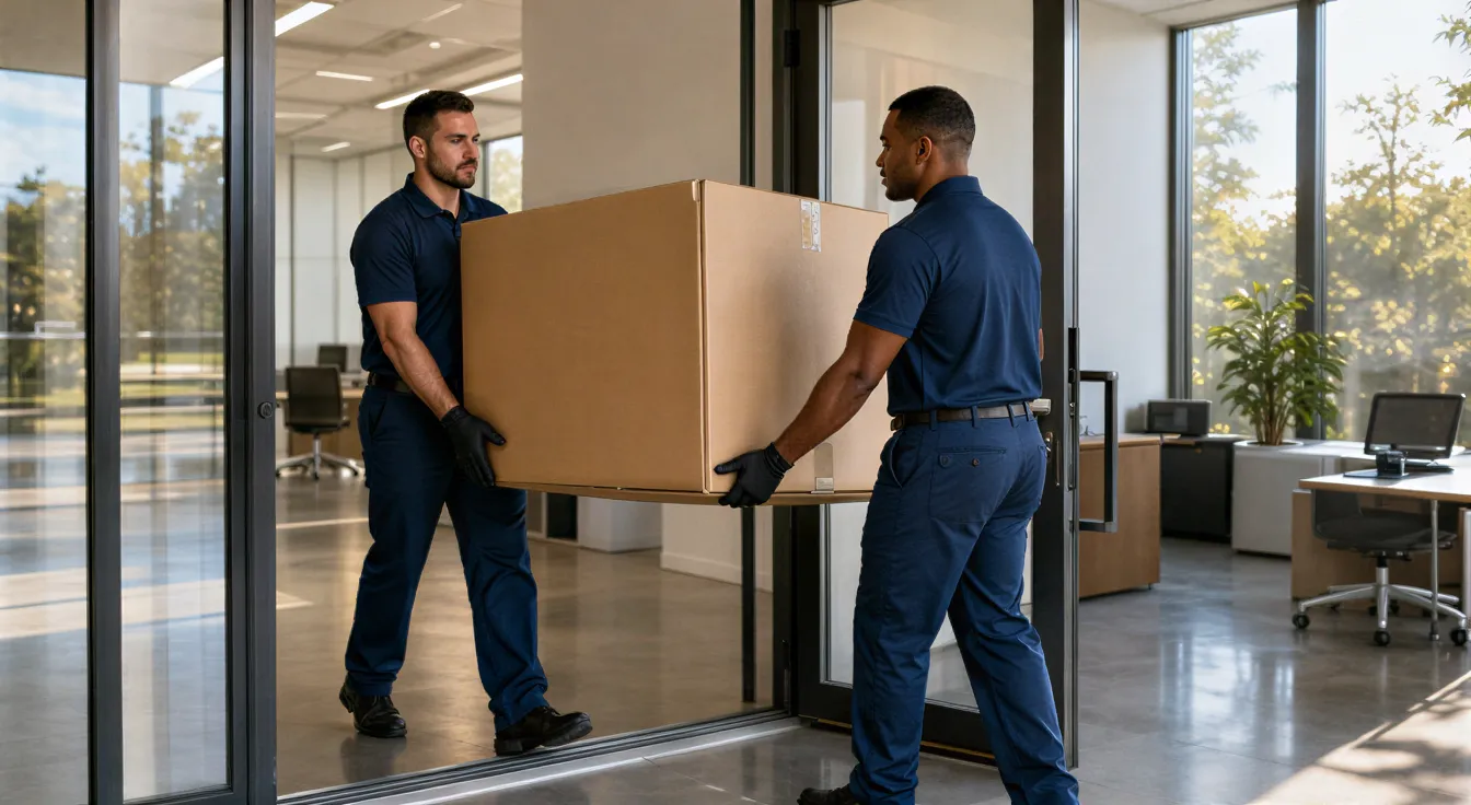 Zwei Umzugshelfer in blauen Uniformen tragen vorsichtig einen großen Karton durch eine Tür in ein modernes Büro.