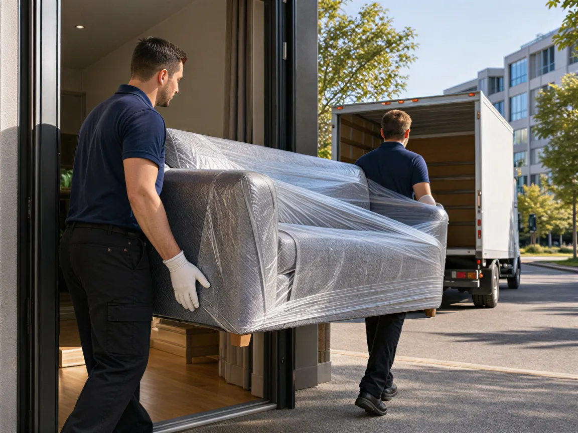 Zwei Umzugshelfer tragen ein eingepacktes Sofa durch die Tür eines modernen Wohngebäudes.