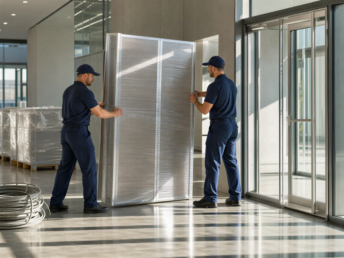 Zwei Arbeiter in blauen Uniformen positionieren eine eingepackte Bürotrennwand in einem modernen Bürogebäude.
