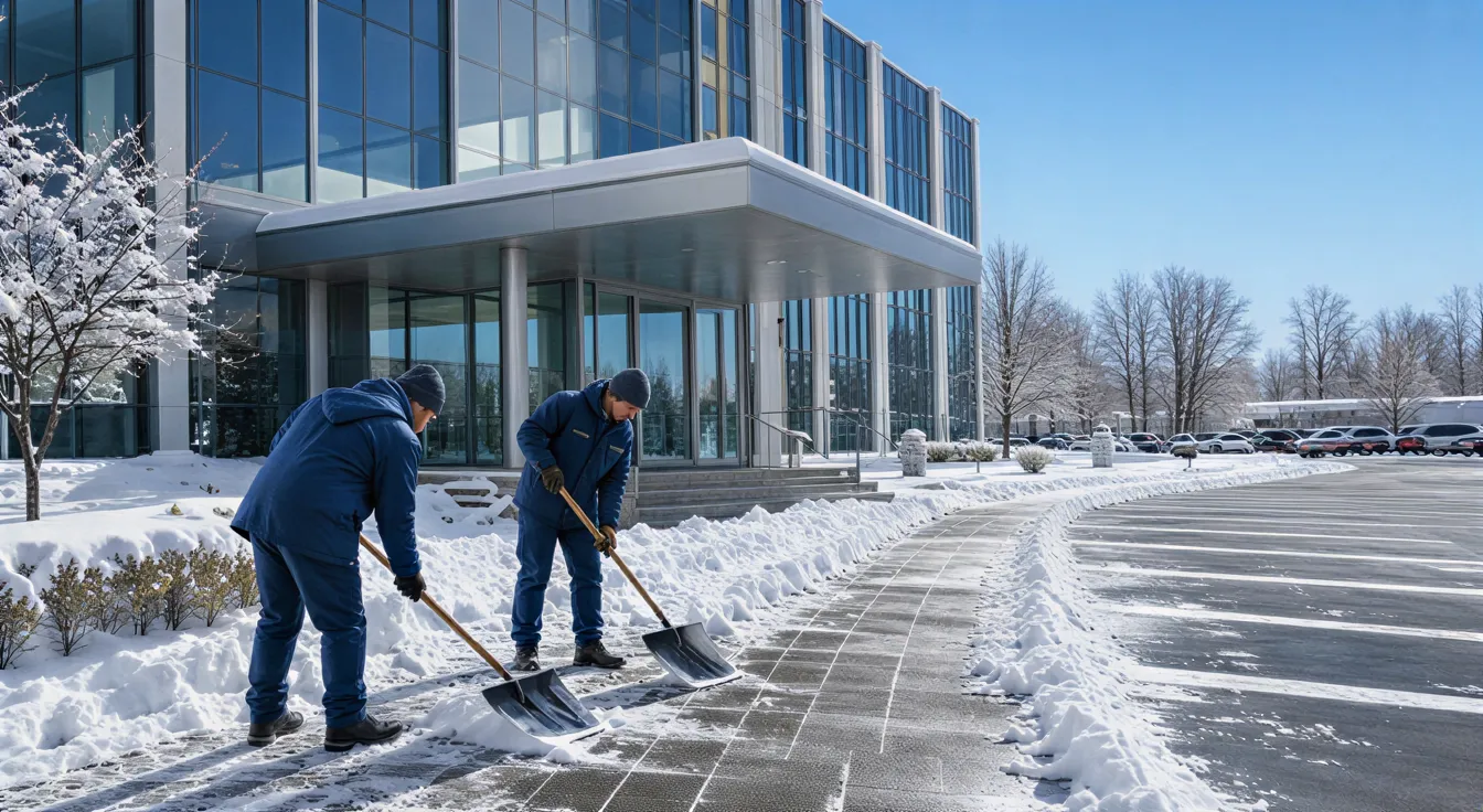 Zwei Arbeiter in blauen Winterjacken räumen Schnee vor einem modernen Glasgebäude bei klarem Winterhimmel.