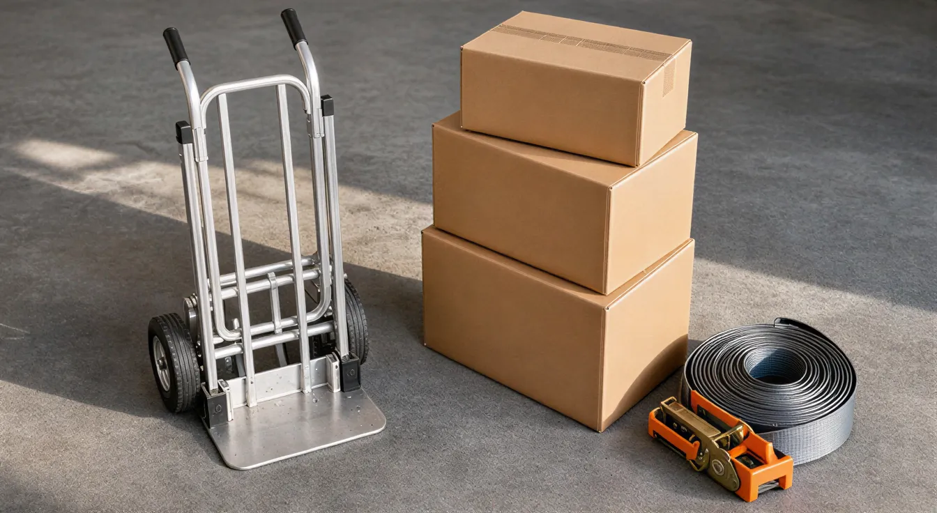 Ein Aluminiumtransportwagen, eine aufgerollte Spanngurt und drei Kartons stehen auf einem Betonboden in einer Industriehalle.