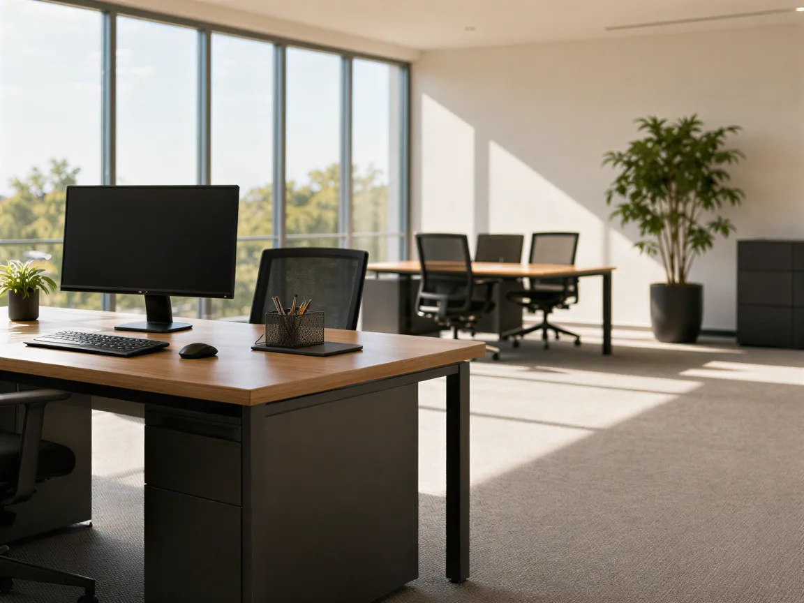 Ein leerer, moderner Schreibtisch mit Monitor und Tastatur in einem sauberen Büro mit großen Fenstern und einer Pflanze.