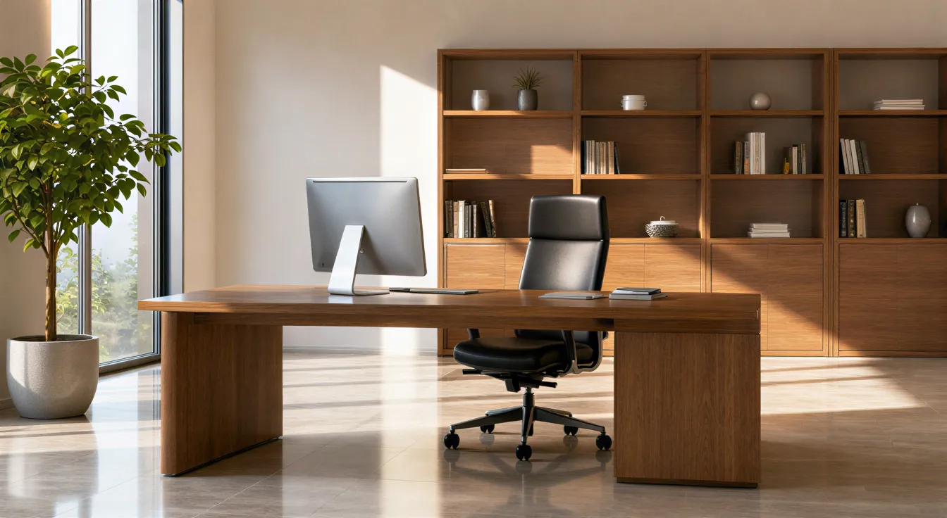 Ein sauberes, modernes Büro mit einem Schreibtisch, ergonomischem Stuhl und einem minimalistischen Monitor.