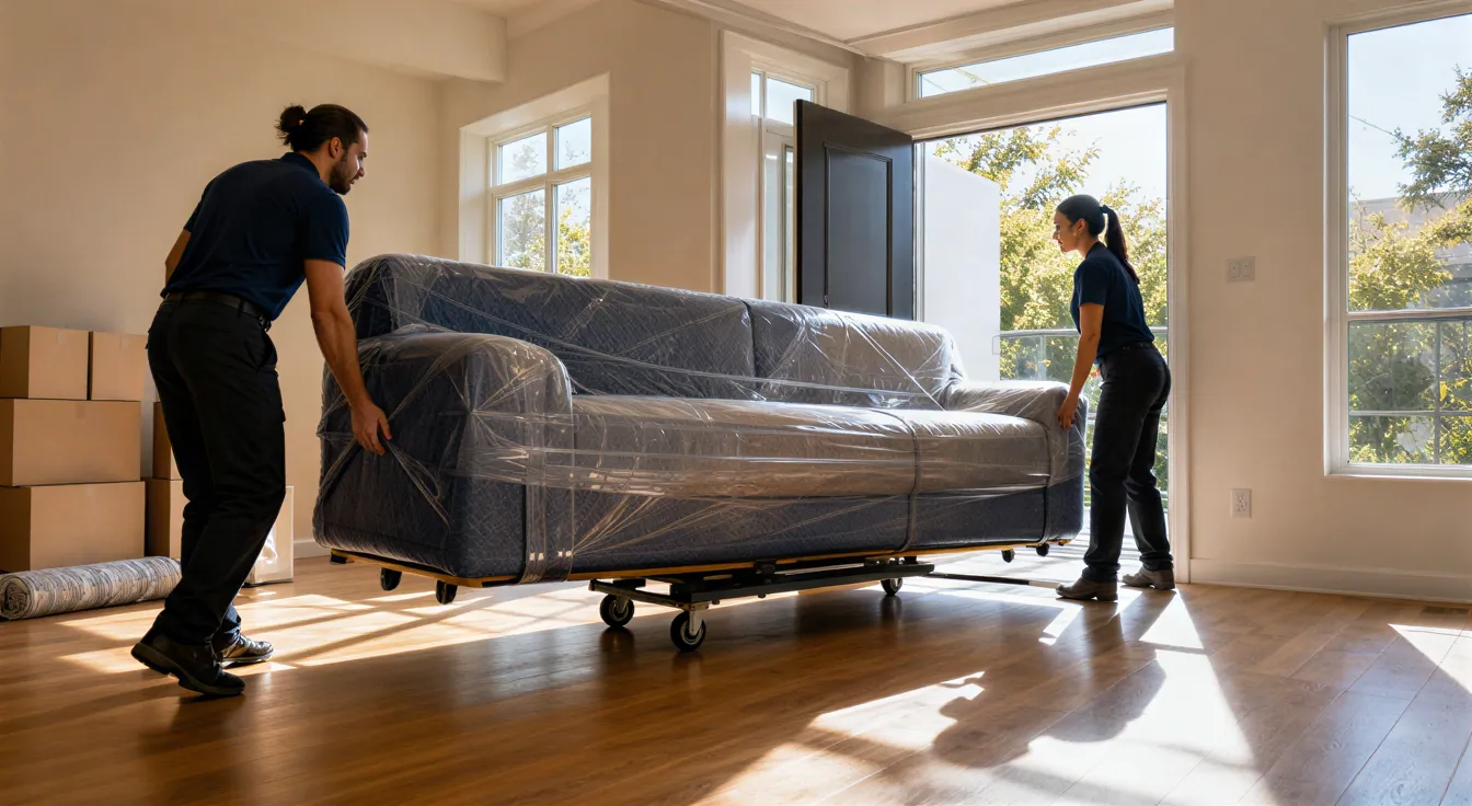 Ein Umzugsteam bewegt ein eingepacktes Sofa auf einem Möbelroller durch einen sonnendurchfluteten, modernen Wohnraum.