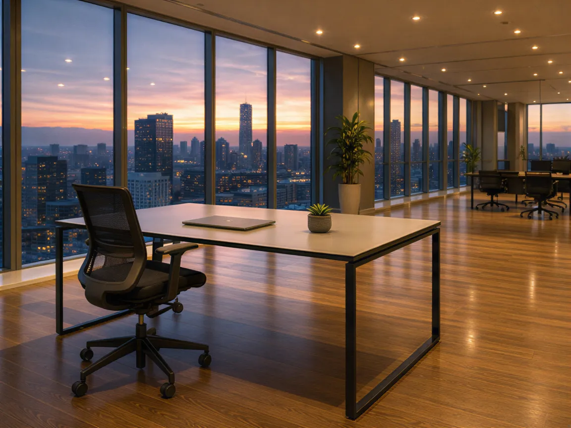 Ein aufgeräumtes Büro mit leerem Schreibtisch, ergonomischem Stuhl und Topfpflanze vor großem Fenster mit Stadtblick.