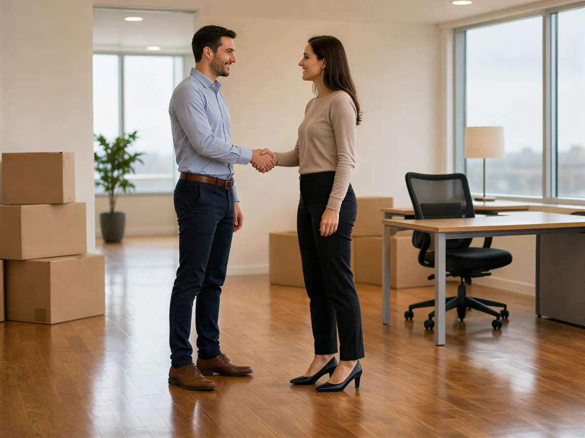 Ein Mann und eine Frau schütteln sich lächelnd die Hände in einem aufgeräumten, modernen Büro mit neuen Möbeln.