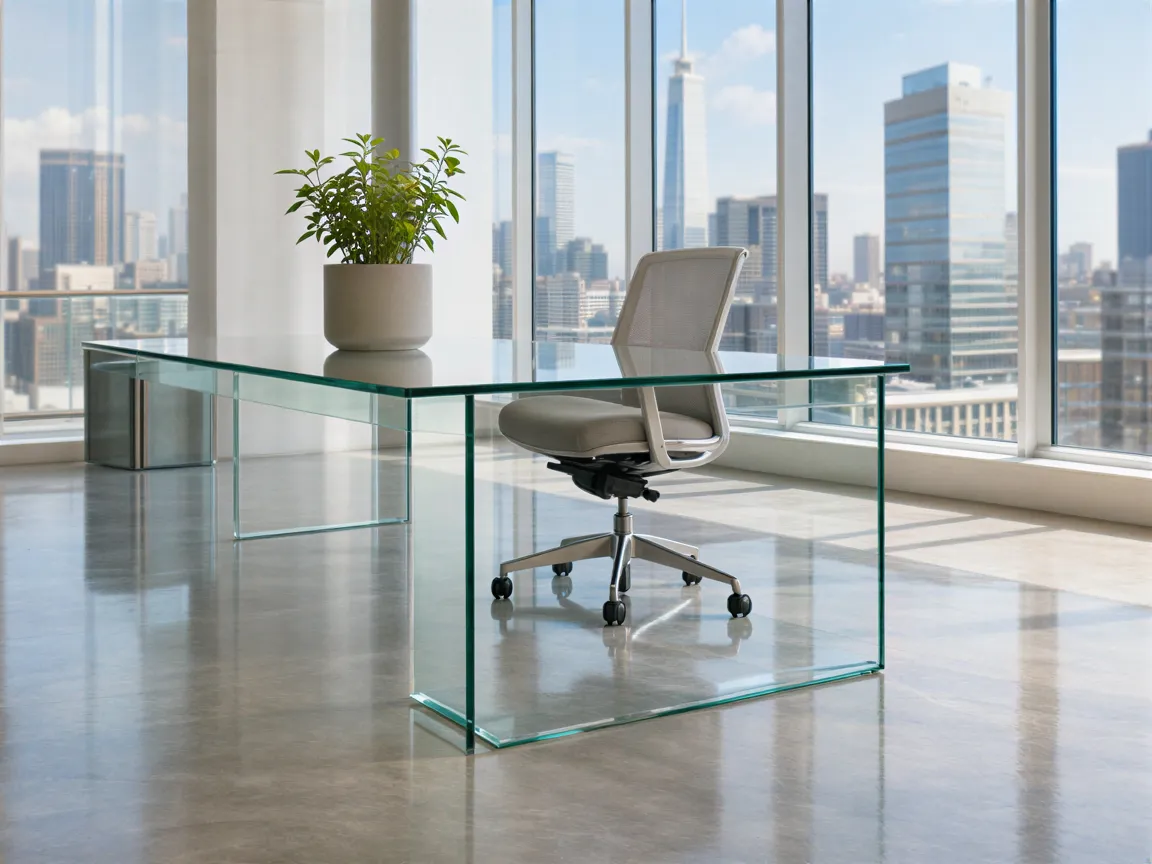 Ein aufgeräumtes Büro mit gläsernem Schreibtisch, einer Pflanze und einem Blick auf die Stadt