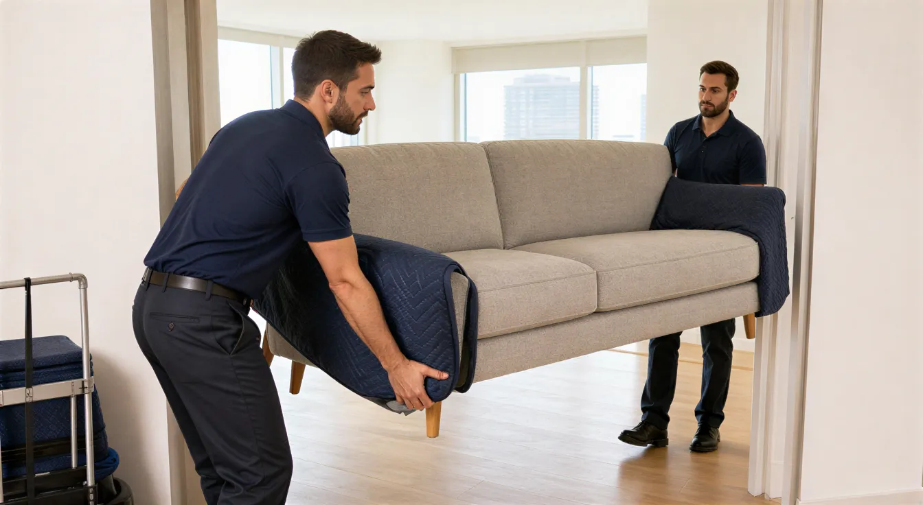 Zwei Möbelpacker tragen vorsichtig ein großes Sofa durch eine leere moderne Wohnung.