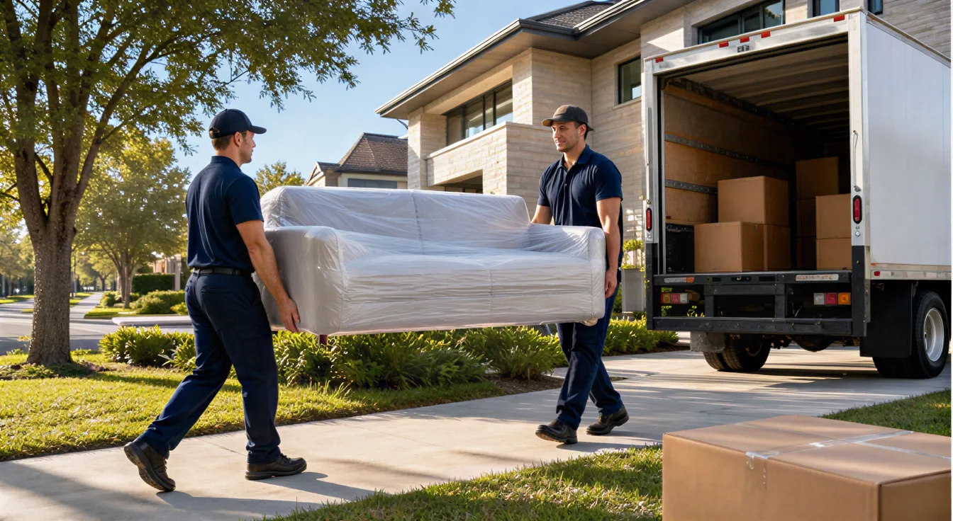 Zwei Umzugshelfer tragen ein eingepacktes Sofa zu einem Umzugswagen vor einem modernen Haus.