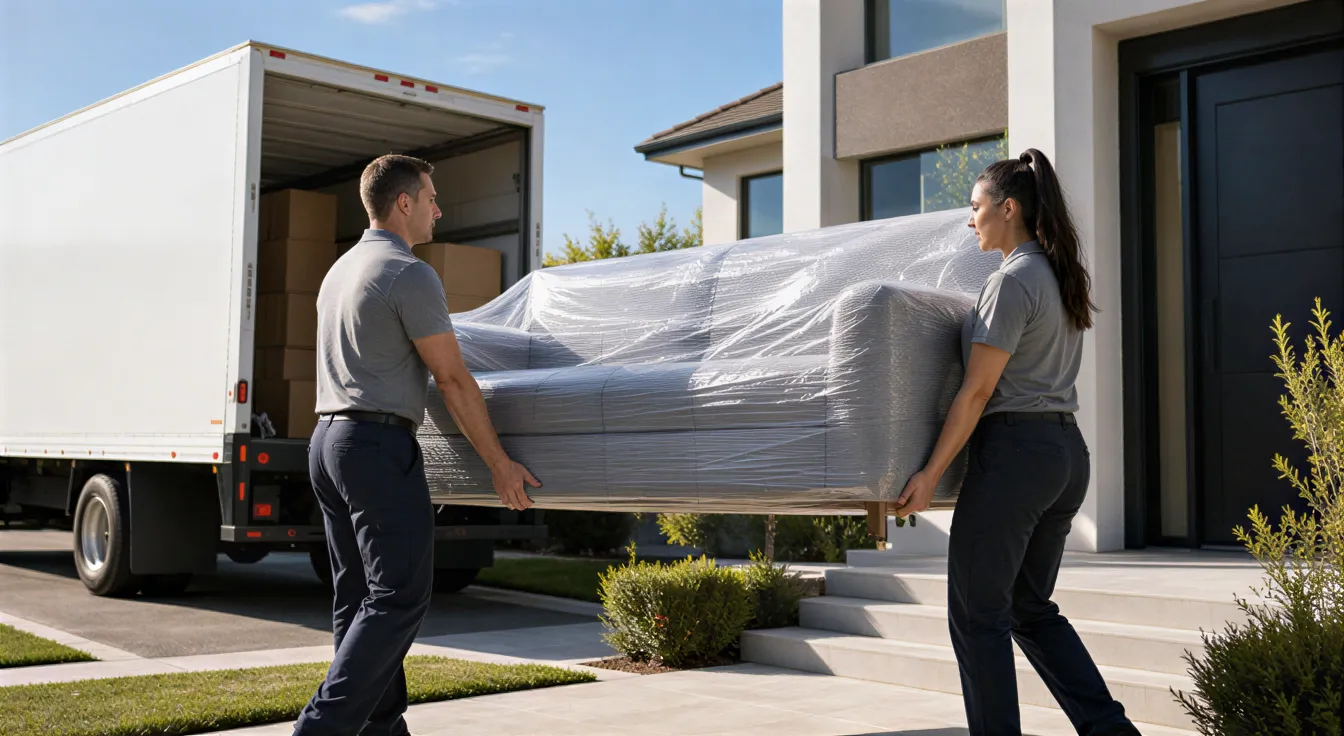Ein Umzugsteam trägt ein großes, eingepacktes Sofa in ein modernes Haus an einem sonnigen Tag.