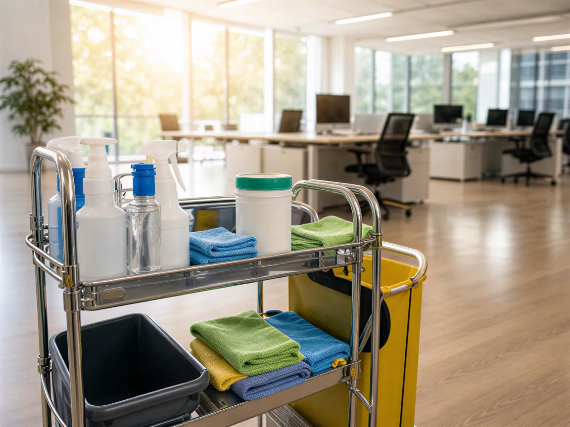 Ein Reinigungswagen mit geordneten Putzmitteln steht in einem sauberen Büro mit großen Fenstern.