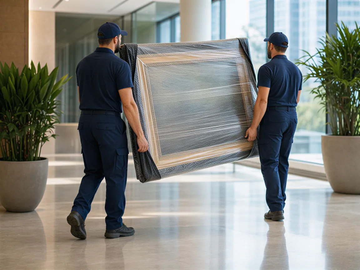 Zwei Umzugshelfer tragen ein sorgfältig verpacktes Kunstwerk durch die helle Lobby eines modernen Bürogebäudes.