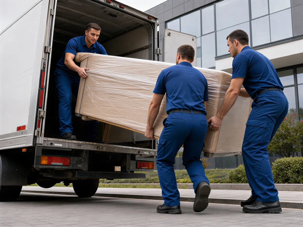 Ein professionelles Umzugsteam in blauen Uniformen hebt ein großes, eingepacktes Möbelstück in einen modernen Umzugswagen.