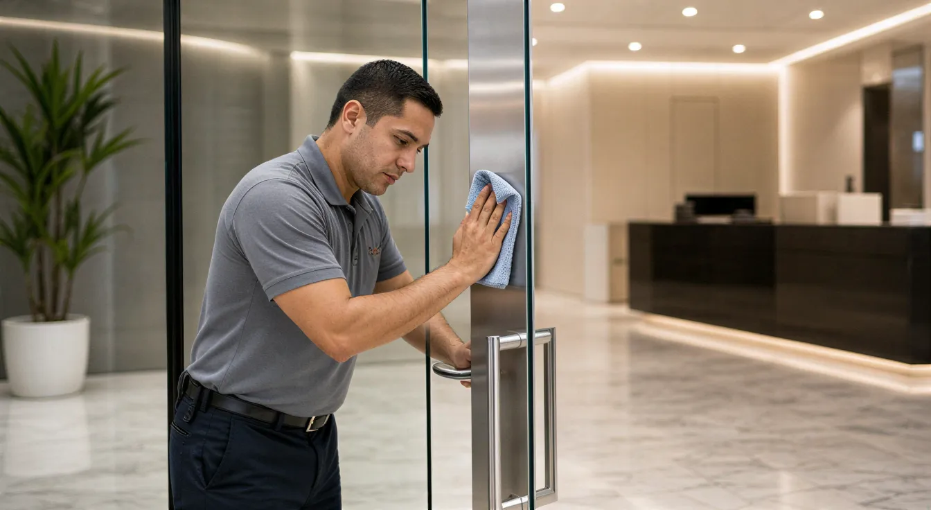 Ein Reinigungsspezialist poliert eine Glastür in der Lobby eines modernen Bürogebäudes.