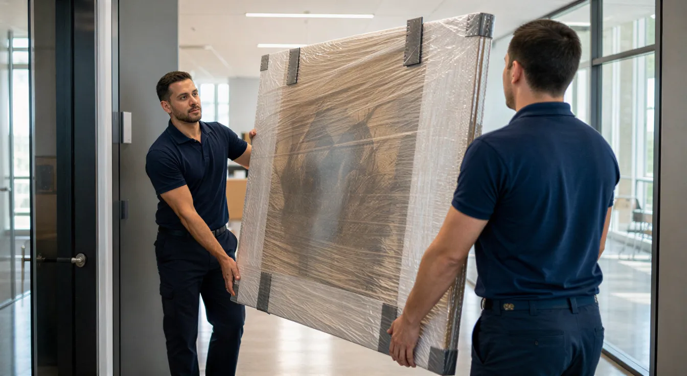 Zwei Umzugshelfer tragen ein großes, verpacktes Kunstwerk durch eine helle, moderne Büroetage.