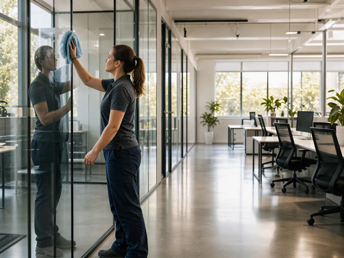 Eine Person reinigt eine große Glaswand in einem modernen, leeren Büro mit Pflanzen und Tageslicht.