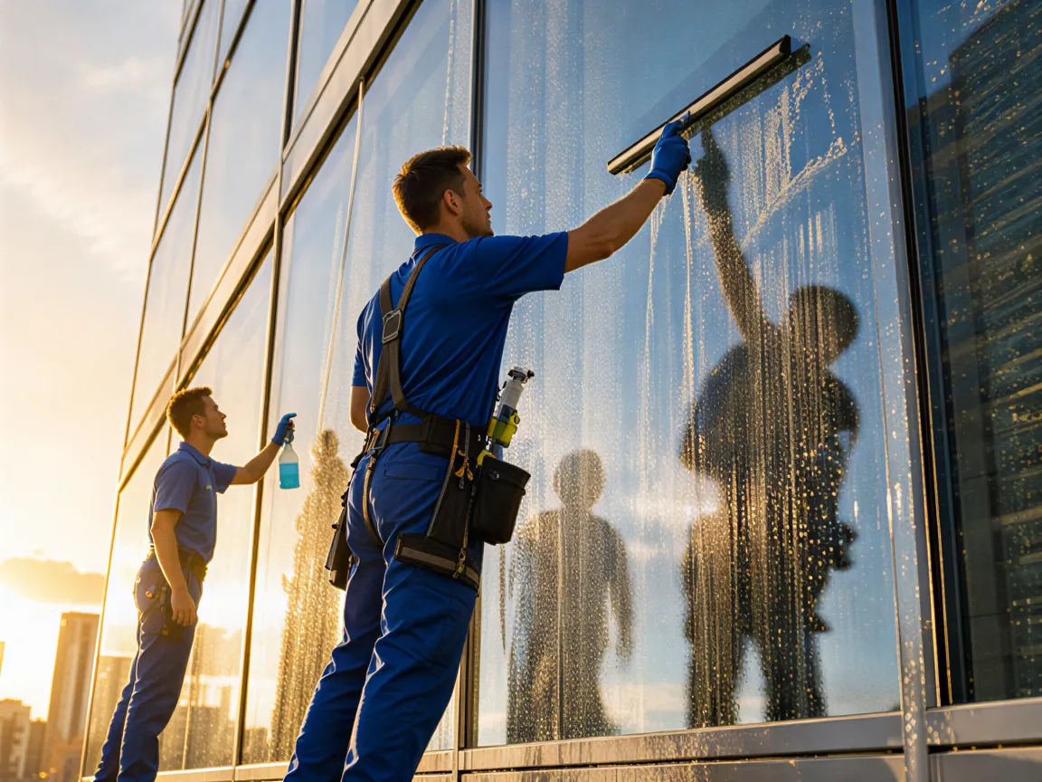 Zwei Reinigungskräfte polieren die Glasfassade eines modernen Büroturms bei Sonnenuntergang.