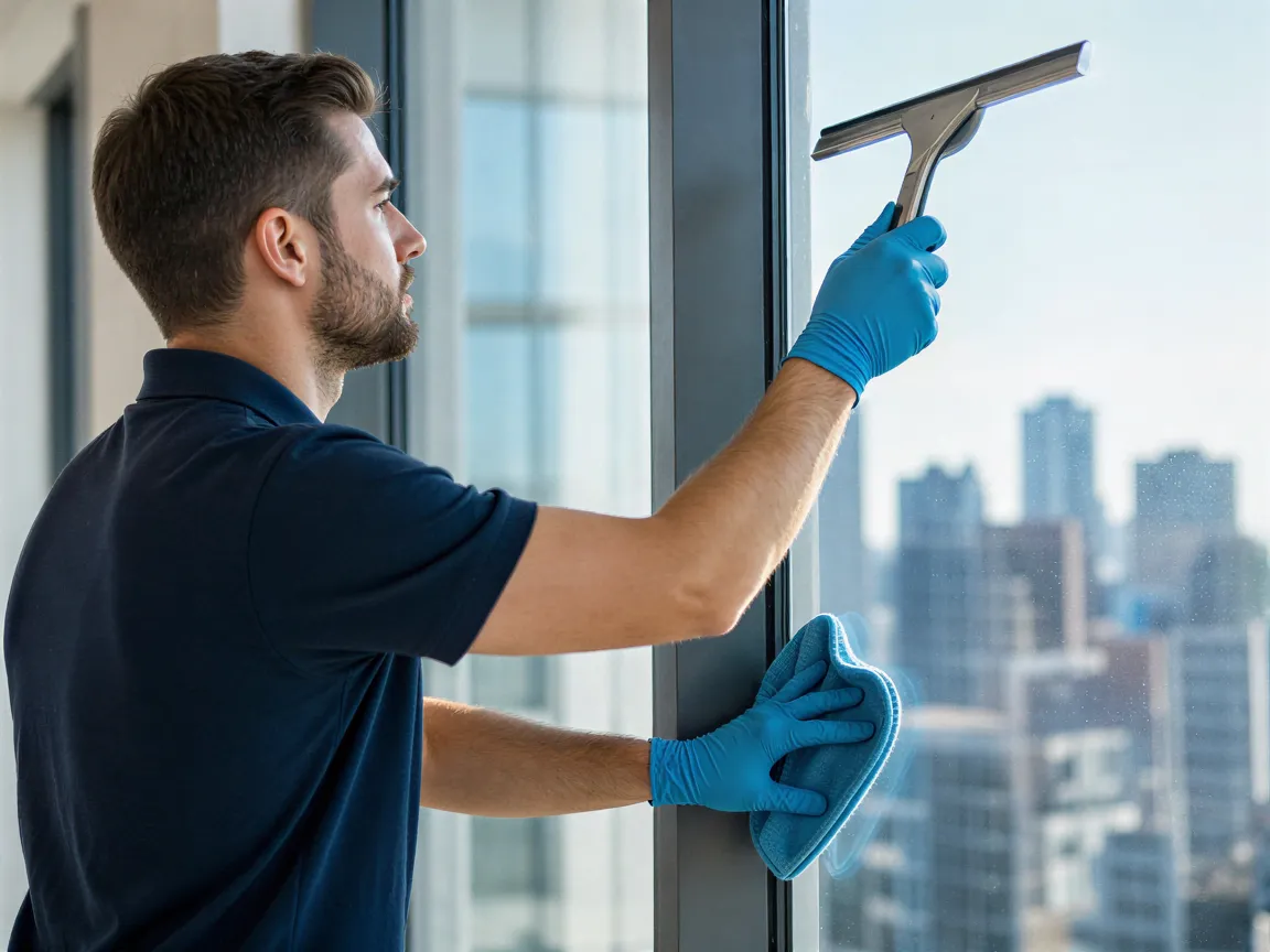 Ein Arbeiter in dunkelblauer Arbeitskleidung reinigt eine große Fensterscheibe in einem neuen Bürogebäude.