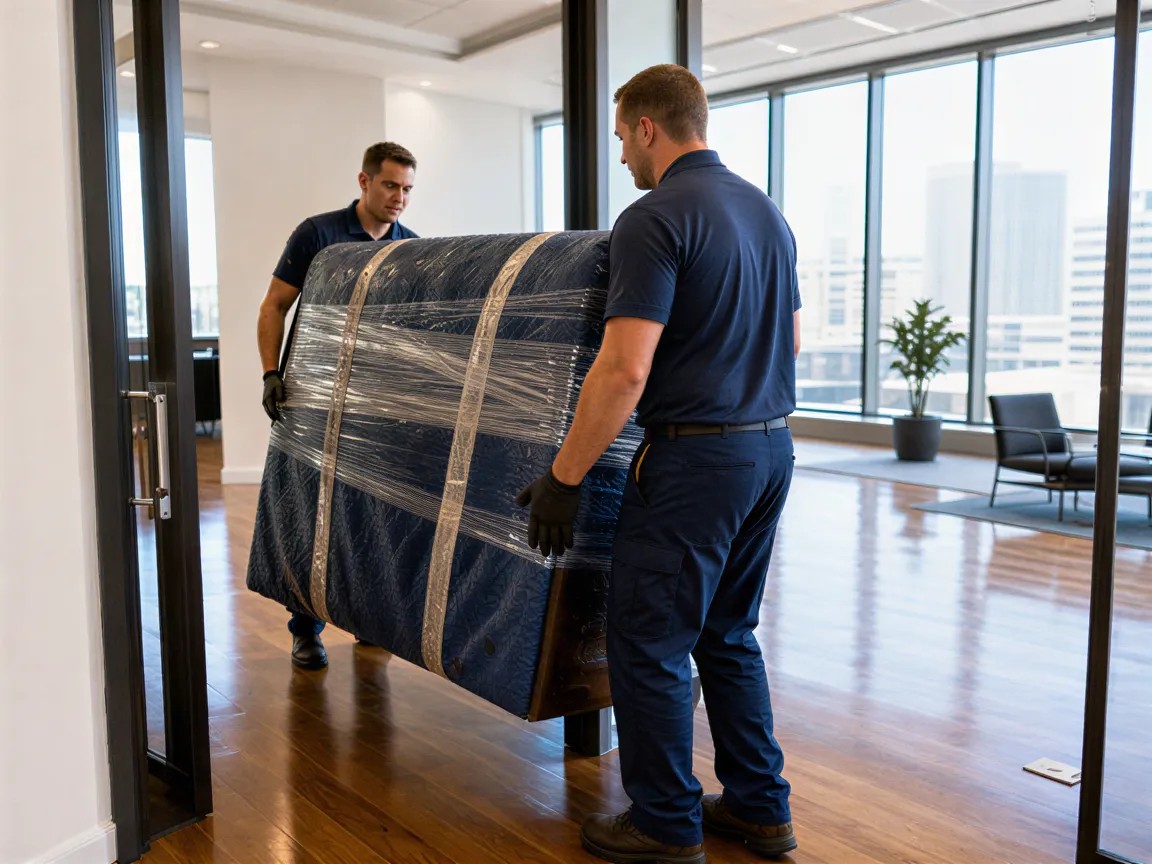 Zwei Arbeiter in blauen Uniformen transportieren ein eingepacktes Möbelstück durch eine helle Bürotür.