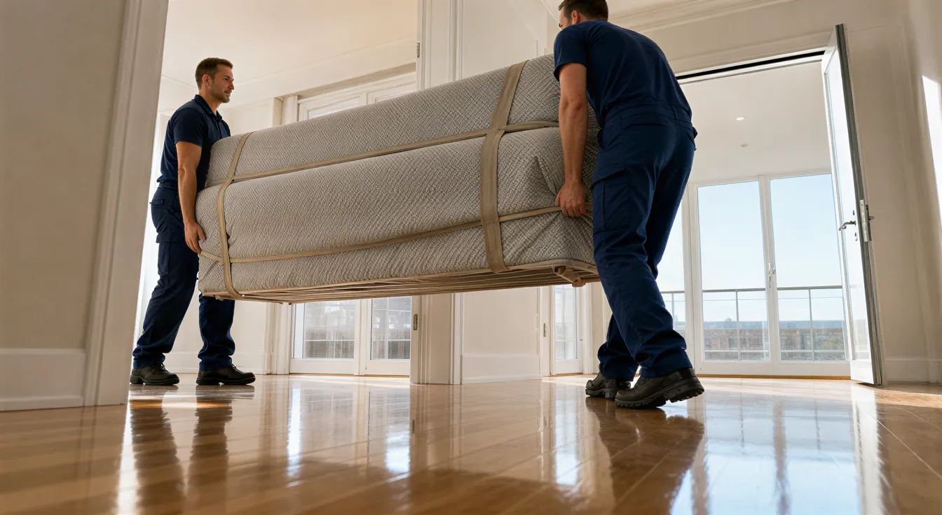 Ein professionelles Umzugsunternehmen trägt eine eingepackte Couch durch eine Tür in eine sonnendurchflutete Wohnung.