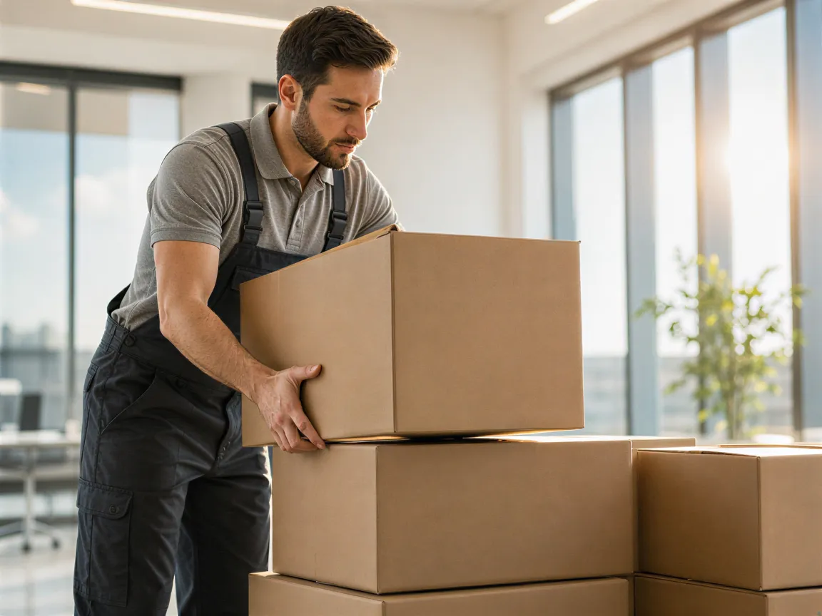 Ein Umzugsmitarbeiter platziert sorgfältig einen Karton auf einem Stapel identischer Boxen in einem sonnendurchfluteten Büro.