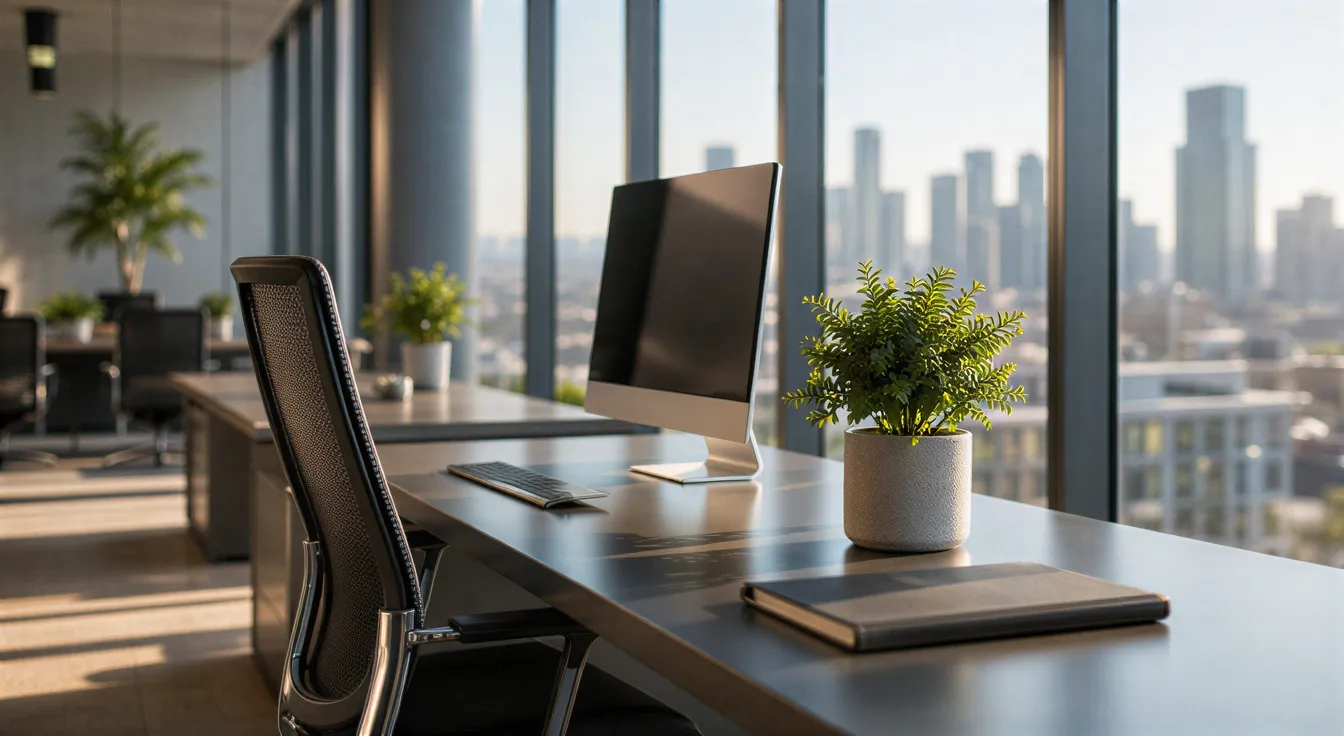 Ein sauberes Büro mit geordneten Schreibtischen, großen Fenstern und einer Stadtansicht im Hintergrund.