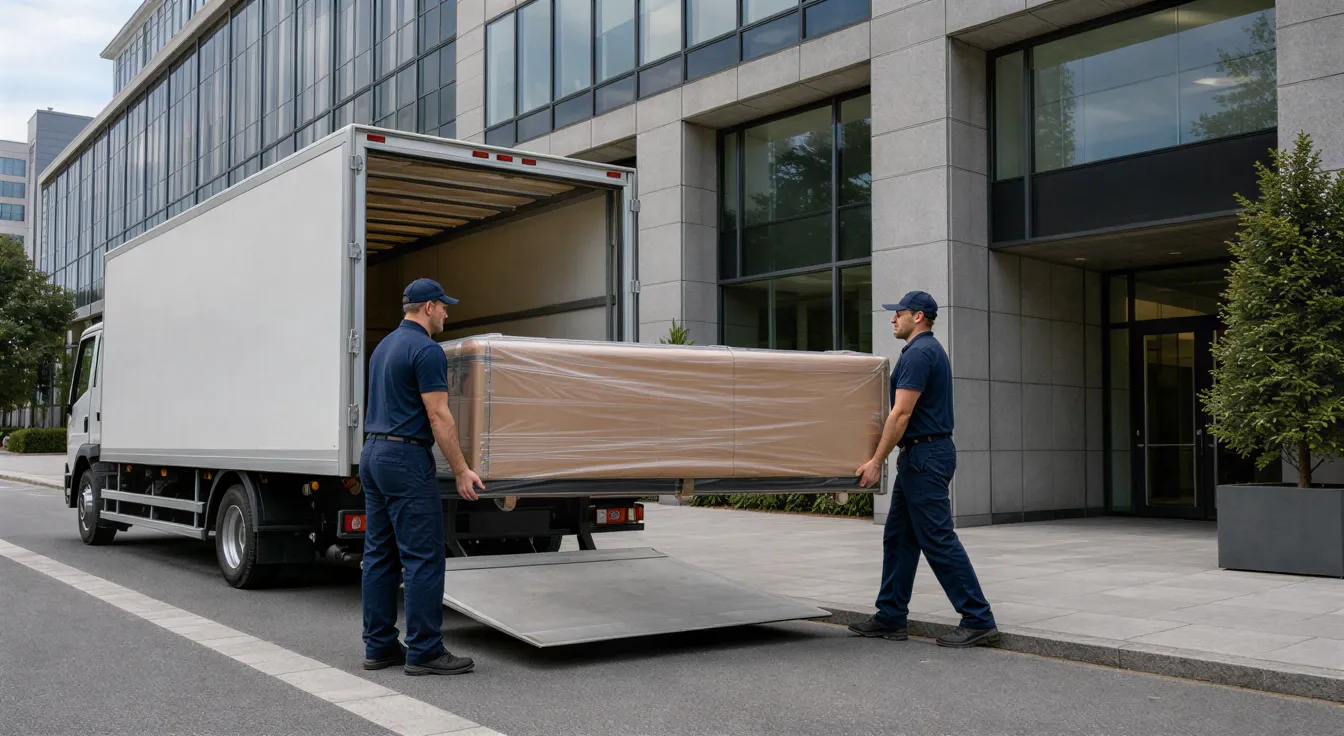 Zwei Möbelpacker tragen ein großes, eingepacktes Möbelstück von einem Laster zu einem modernen Bürogebäude.