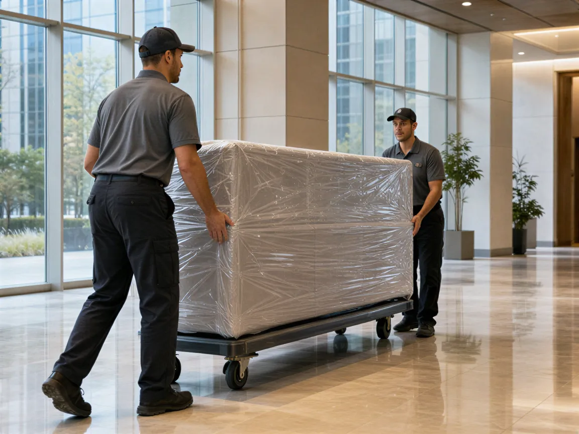 Zwei Arbeiter transportieren ein großes, eingepacktes Büromöbel durch eine helle, moderne Bürolobby.